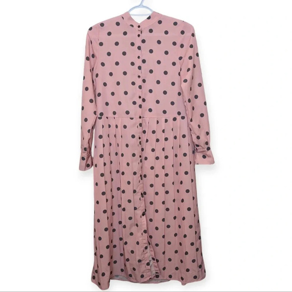 Polka Dot Dress Ascot Neck Tie Bow Pink Black Full Button Down Midi Length Small - Picture 2 of 13